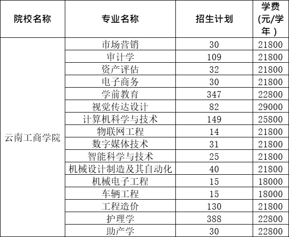 2021云南工商学院专升本学费一览表