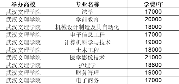 2021年武汉文理学院专升本学费一览表