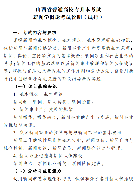 2021年山西专升本新闻学概论考试大纲汇总（试行）