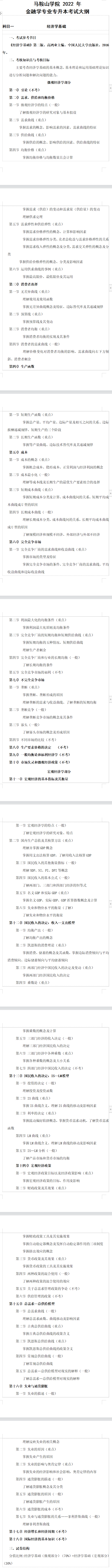 2022年马鞍山学院专升本金融学专业考试大纲：