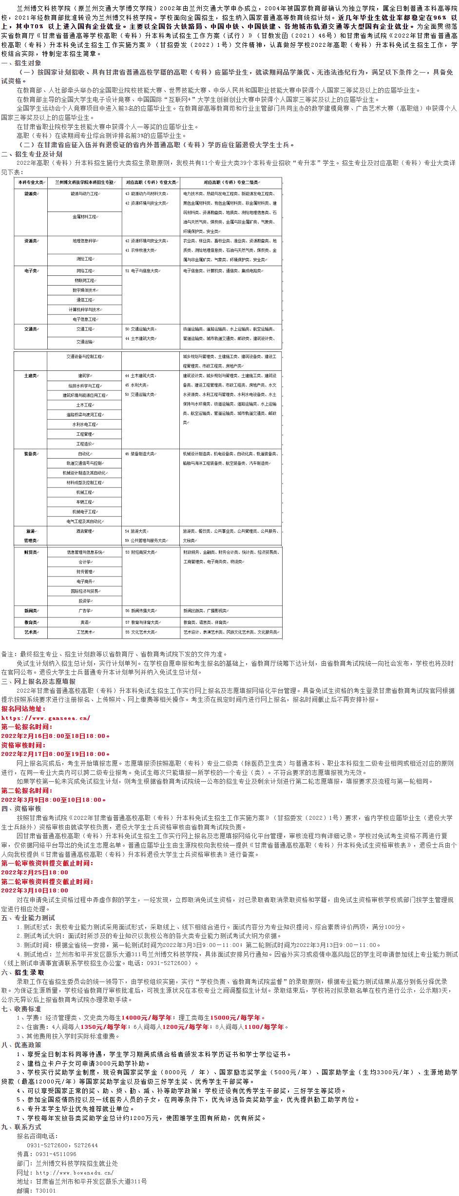 兰州博文科技学院2022年专升本免试生招生简章