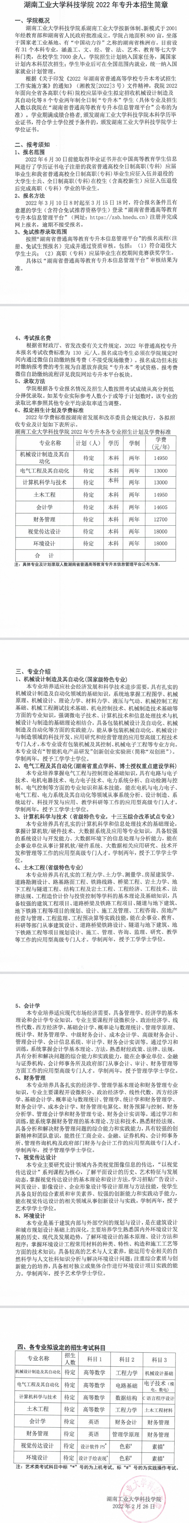 2022年湖南工业大学科技学院专升本招生简章（含招生专业）