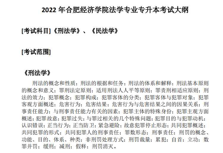 2022年合肥经济学院专升本法学专业考试大纲