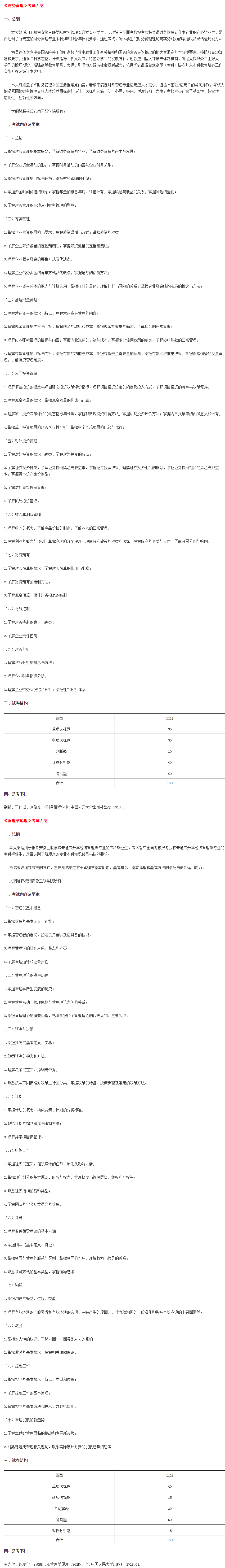 2022年安徽三联学院专升本财务管理专业考试大纲