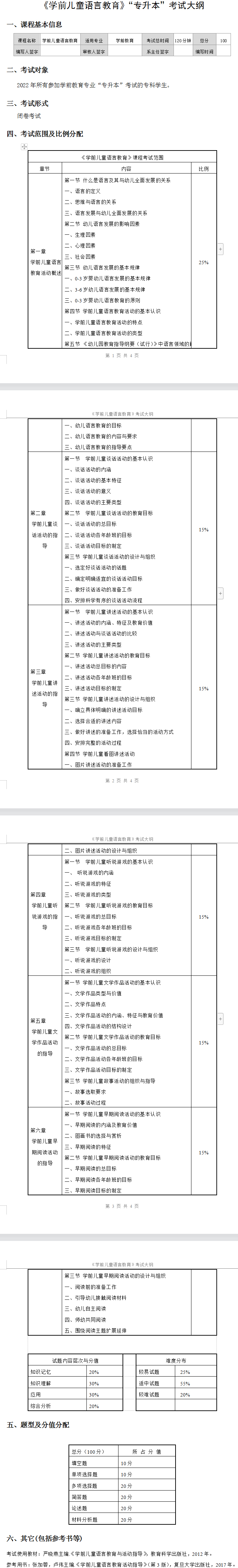 2022年湖南女子学院专升本学前儿童语言教育考试大纲及考试内容汇总