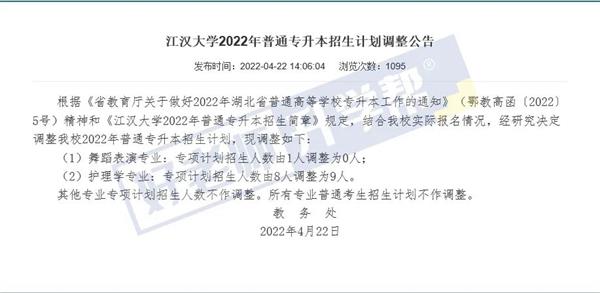2022年江汉大学专升本招生计划调整