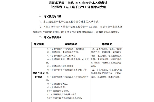 2023年武汉华夏理工学院专升本《电工电子技术》考试大纲