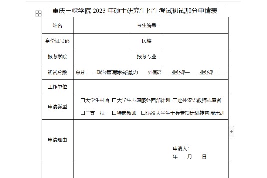 2023年重庆三峡学院硕士研究生招生考试初试加分申请通知