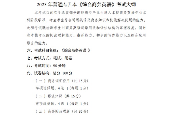 2023年武汉文理学院专升本《综合商务英语》考试大纲
