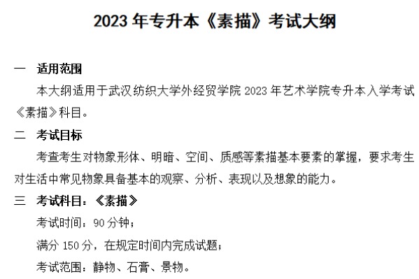 ​2023年武汉纺织大学外经贸学院专升本《素描》考试大纲