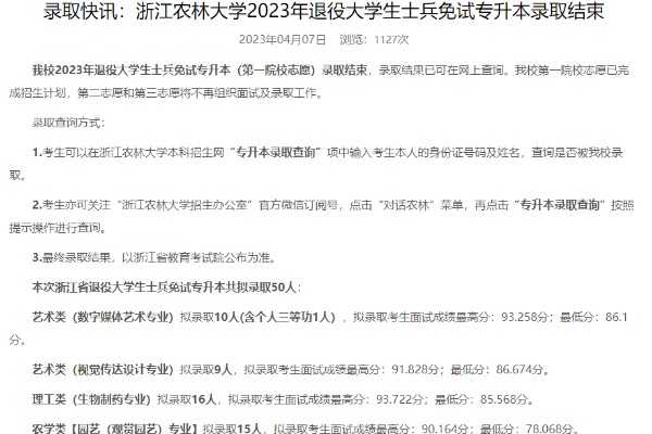 2023年浙江农林大学退役大学生士兵免试专升本录取分数