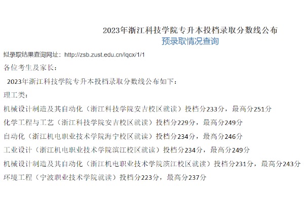 2023年浙江科技学院专升本录取分数线