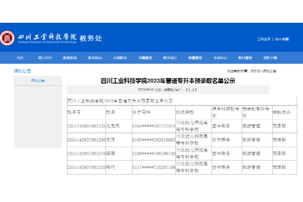 2023年四川工业科技学院专升本拟录取名单公示
