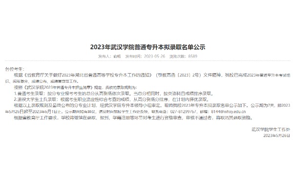 2023年武汉学院专升本拟录取名单