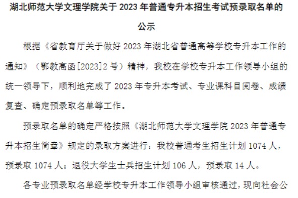 2023年湖北师范大学文理学院专升本预录取名单