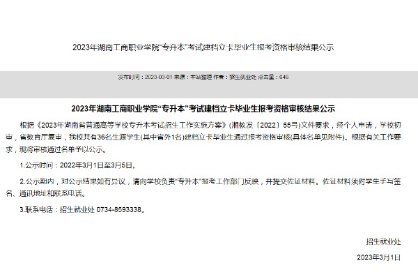 2023年湖南工商职业学院专升本考试建档立卡毕业生报考资格审核结果公示