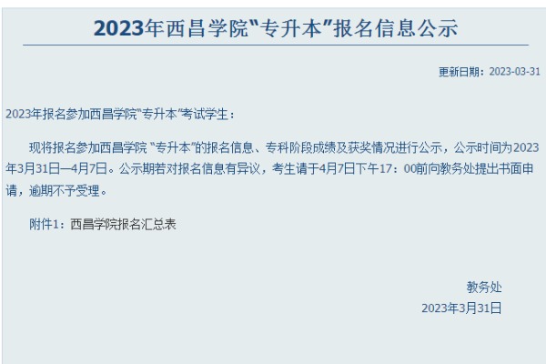 2023年乐山职业技术学院对口西昌学院专升本报名信息公示