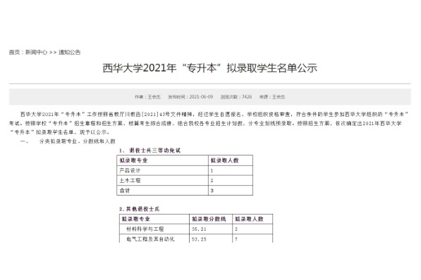 2021年四川信息职业技术学院对口西华大学专升本拟录取学生名单公示