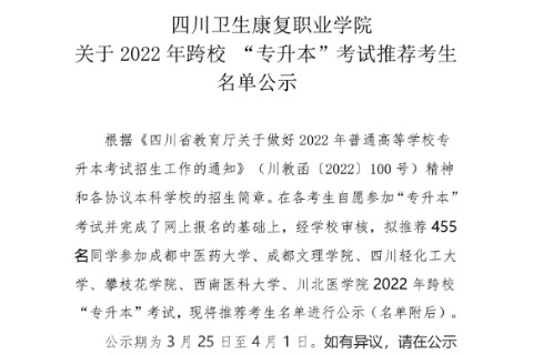 2022年四川卫生康复职业学院关于专升本推荐考生名单公示