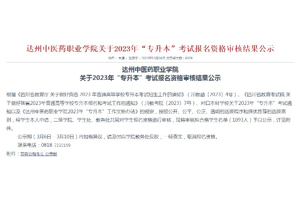 2023年达州中医药职业学院关于专升本考试报名资格审核结果公示