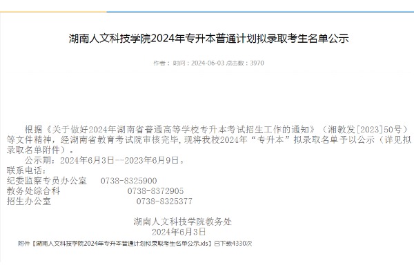 2024年湖南人文科技学院专升本普通计划拟录取考生名单公示